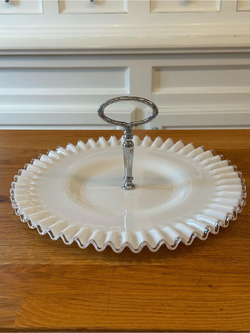 🤍 Fenton Silver Crest Milk Glass Tidbit Tray Ruffled Edge Chrome Handle | Vtg